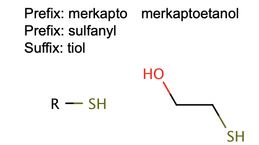 <p>prefix: merkapto- eller sulfanyl-, suffix:-tiol </p>