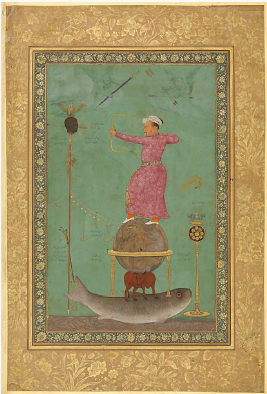 <ul><li><p><span>Jahangir, the Mughal emperor, standing on terrestrial globe supported by the cosmic bull + the world fish</span></p></li><li><p><span>Shooting at the head of his enemy, the military leader Malik ‘Anbar</span></p></li></ul>