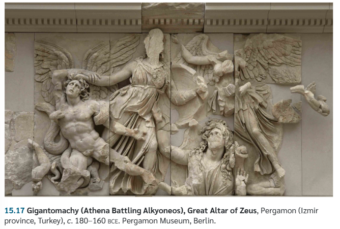 <p>Hellenistic. Great Altar. High relief. Gigantomachy. Breaks the fourth wall. Gods are depicted. Facials, and emotional.</p>