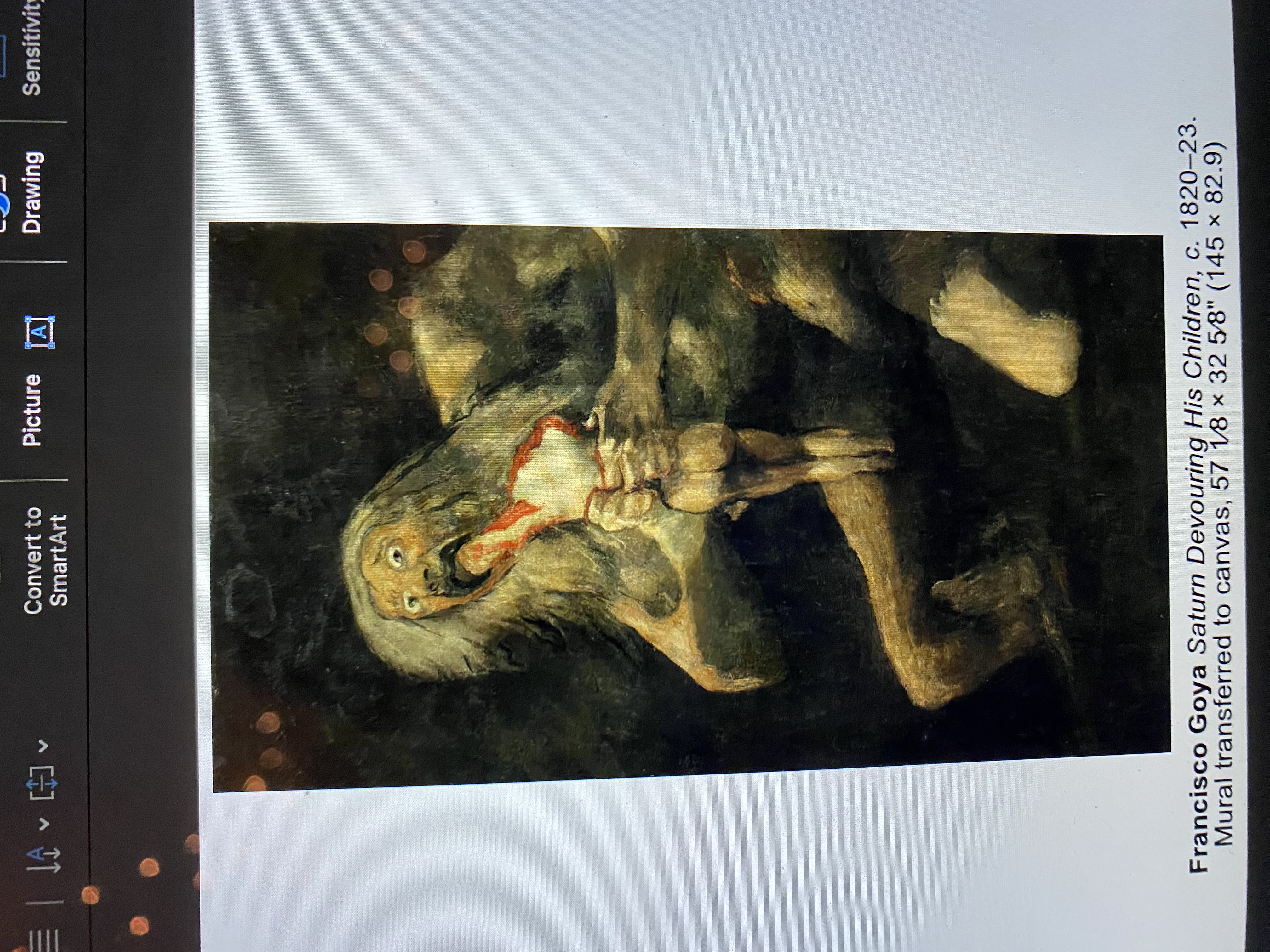 <p><span><strong>Francisco Goya </strong><em>Saturn Devouring His Children, c.</em> 1820–23. <br>Mural transferred to canvas, 57 1⁄8 × 32 5⁄8" (145 × 82.9)</span></p>