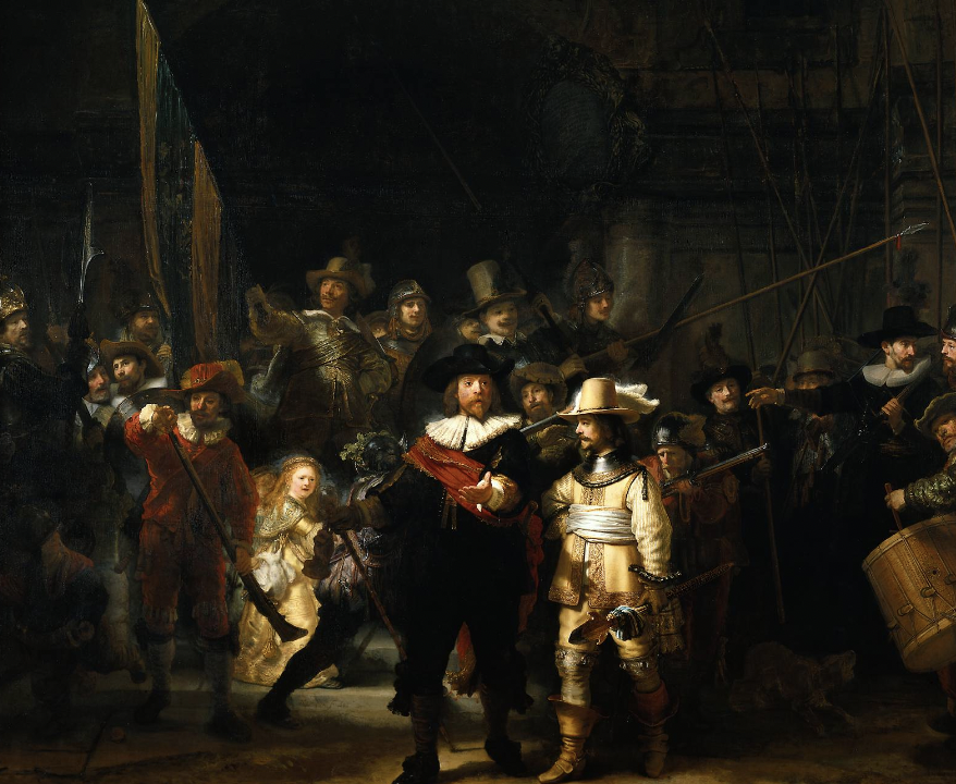 <ul><li><p>Rembrandt van Rijn</p></li><li><p>men of Captain Cocq and Liutenant Ruytenburch</p></li><li><p>militia group, action shot</p></li><li><p>group paid Rembrandt for a portait; posed</p></li><li><p>dead chicken = mascot</p></li><li><p>not supposed to be nightime, dark bc of dust and dirt</p></li><li><p>baroque</p></li></ul>