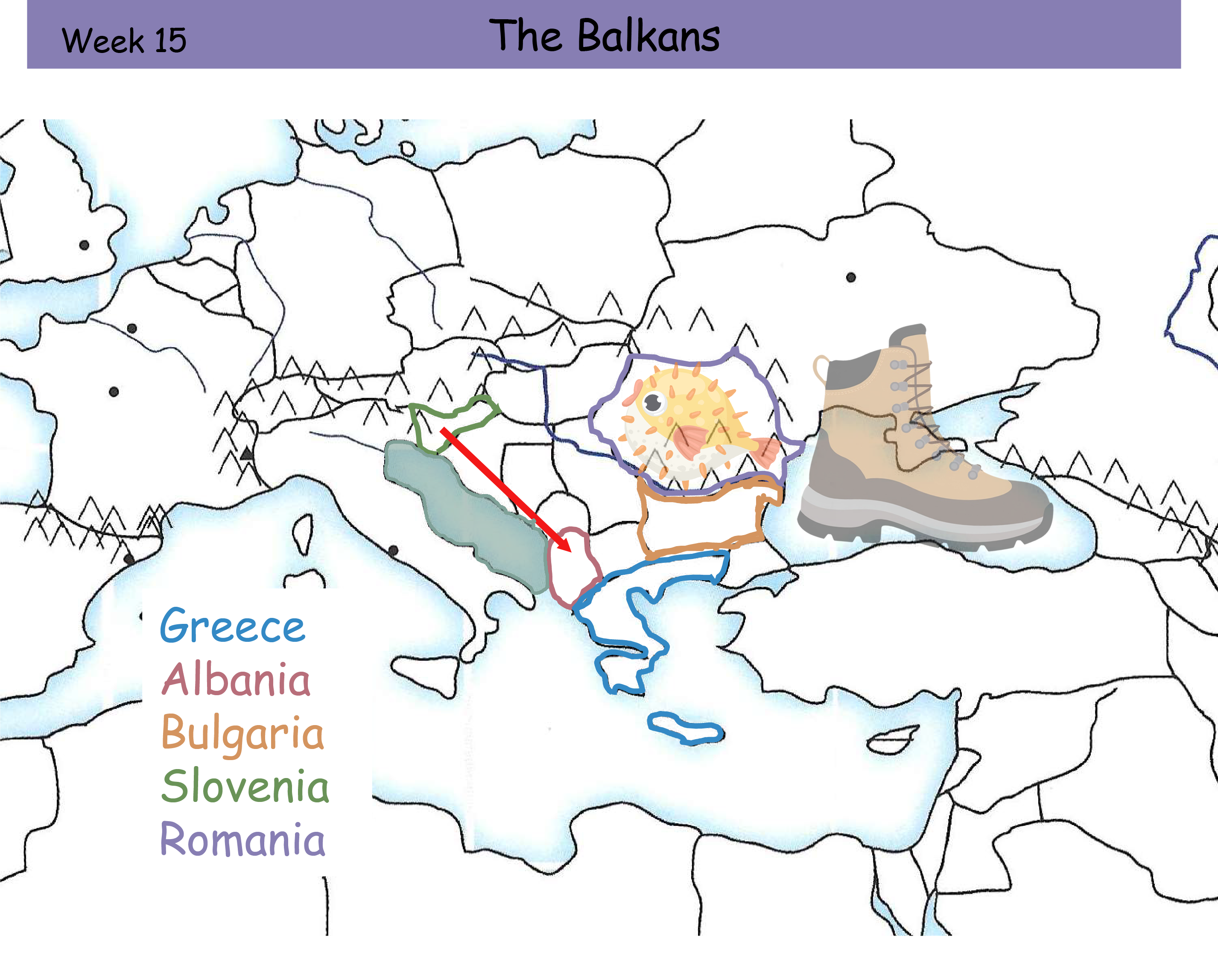 <p>The Balkans</p><p>Greece<br>Albania<br>Bulgaria<br>Slovenia<br>Romania</p>