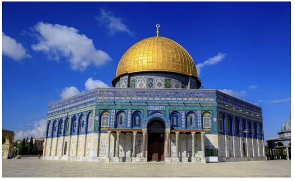 <p>One of the earliest Islamic monuments; built on the Temple Mount. Features a central dome over a rock sacred to both Islam and Judaism. Symbolizes Islamic triumph and spiritual authority with intricate mosaics and geometric designs.</p>