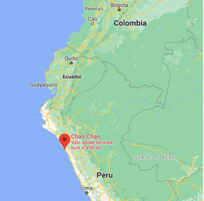 <p>the Chimu capital city along the Peruvian coast. 14th century before falling to the Incas.</p>