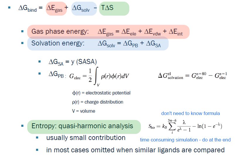 <ol><li><p>run short MD (10ns) of the protein ligand complex with GROMACS to sample realistic conformations</p></li><li><p>extract snapshots</p></li><li><p>compute the <u>energy </u>of the complex, protein alone and ligand alone</p></li><li><p>compute the <u>MM gas phase interaction </u>energies: electrostatic VDW and bonded terms</p></li><li><p>Comput<u>e solvation effect</u>s with the<strong> implicit solvent model<em> </em></strong><em>(MM-PBSA uses an implicit solvent model, even if the underlying MD simulation was run with explicit water.)</em></p><ol><li><p>polar contribution: PB</p></li><li><p>apol contribution: SA</p></li></ol></li><li><p>Calculate the <u>binding free energy</u></p></li><li><p>optionally add an entropic term</p></li><li><p><u>Averaging</u></p><ol><li><p>Average all binding free energies over all snapshots to obtain the final estimate</p></li></ol></li></ol><p></p><p>the more negative the binding free energy the stronger the binding</p><p></p>