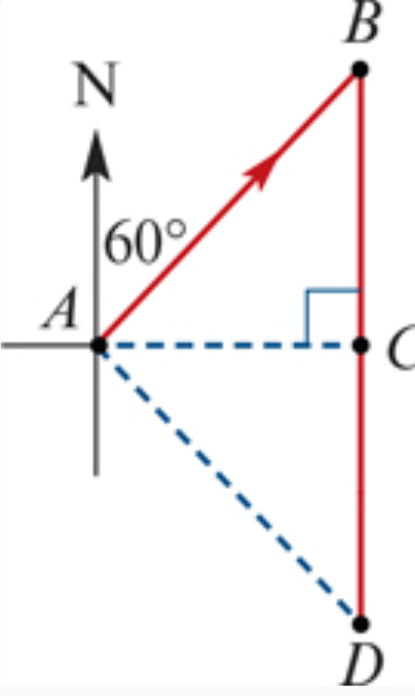 <p>a woman walked from point A for 10km on a bearing of 060° to reach point B. Then she walked for 15km heading south until she was at point D. Give the following distances correct to one decimal place and directions to the nearest degree. </p><p>a) find the distances walked from A to B and from B to D</p><p>b) how far south did she walk from B to C</p><p>c) find the distance from A to C</p><p>d) what is the distance from C to D</p><p>e) find the three-figure bearing and distance she would need to walk to return to her starting point</p>