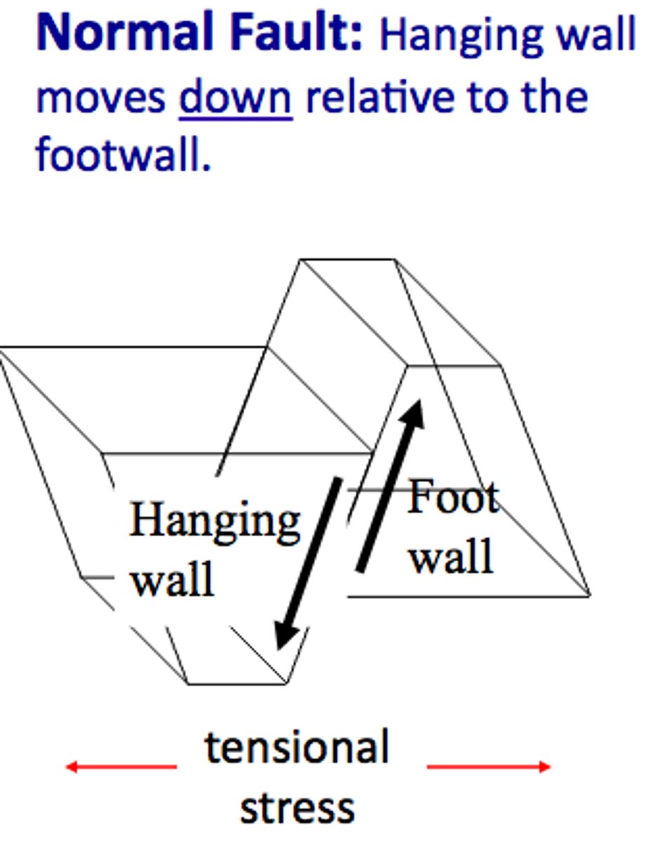 <p>- mvmnt of plates is vertical &amp; opposite</p><p>- normal faults when hanging wall moves down</p>
