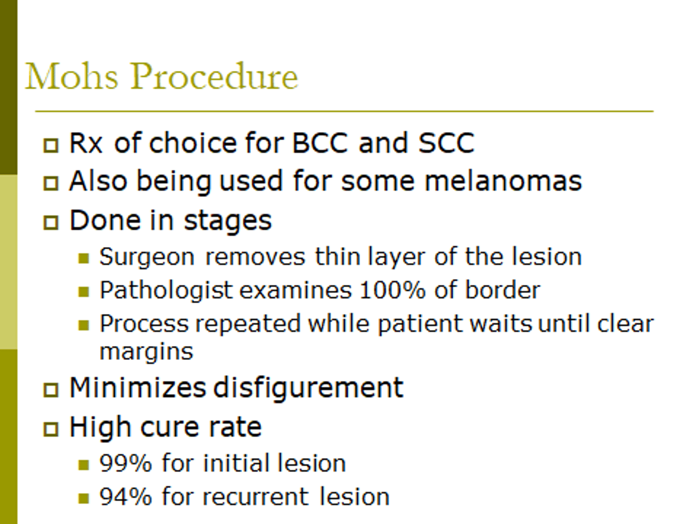 <p>d. Teach about the use of cold packs to reduce bruising and swelling.</p><p>Application of cold packs to the incision after the surgery will help decrease bruising and swelling at the site. Since the Mohs procedure results in complete excision of the lesion, topical fluorouracil is not needed after surgery. After the Mohs procedure the edges of the wound can be left open to heal or the edges can be approximated and sutured together. The suture line can be cleaned with tap water. No debridement with wet-to-dry dressings is indicated</p>
