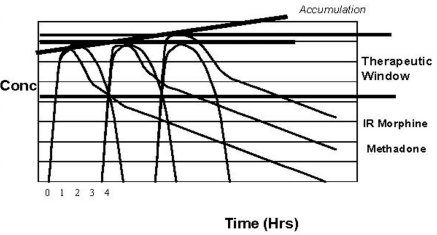 <p>therapeutic window = good pain coverage</p><p>IR morphine - peaks &amp; goes down</p><p>methadone - 2 phases of elimination<br>• rate depends on liver fxn<br>• variable t<sub>½</sub> </p>