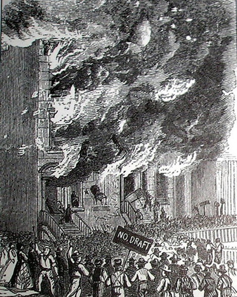 <p>Uprising, mostly of working-class Irish-Americans, in protest of the draft. Rioters were particularly incensed by the ability of the rich to hire substitutes or purchase exemptions.</p>