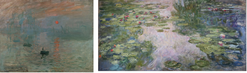 <ul><li><p><span>leader of the French Impressionist movement</span></p></li><li><p><span>master of color and observation of light and atmosphere, making him one of the best landscape artists in the history of art</span></p></li><li><p><strong>impression, sunrise</strong></p></li><li><p><strong>water lilies</strong></p></li></ul><p></p>