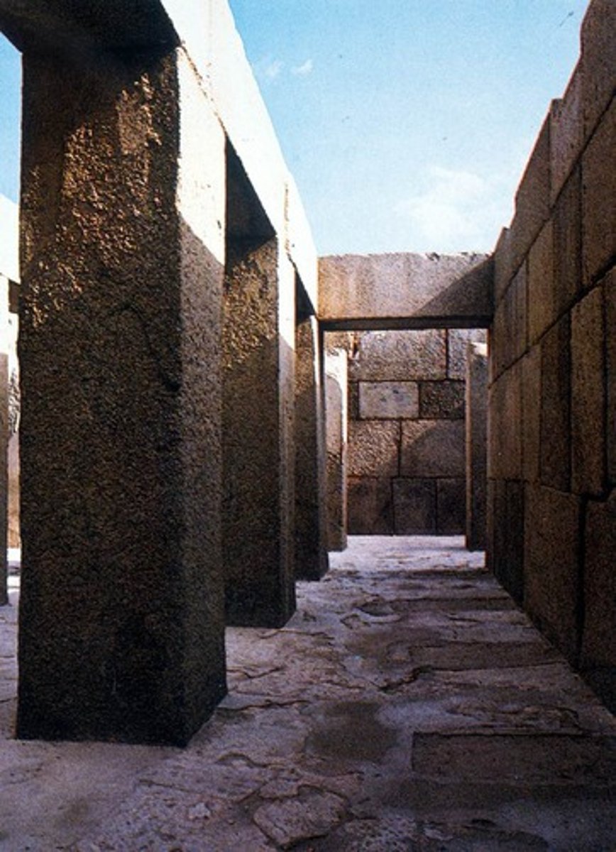 <p>2520-2494 BCE; Egyptian</p><p>Post and lintel construction.</p><p>The function was to ensure an afterlife that would provide sustenance to the king forever.</p>