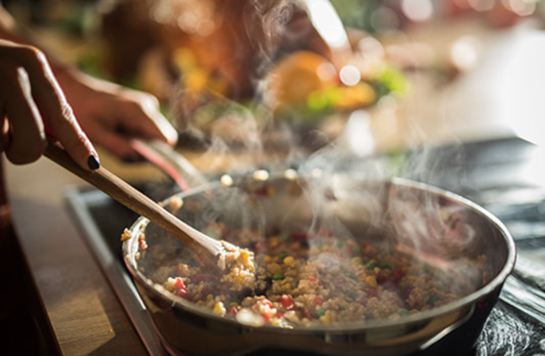 <p>(v.) – to mix food or liquid by moving a spoon or similar object around in it</p><p></p><p>&nbsp;You need to <strong>stir </strong>the rice frequently&nbsp;so it doesn’t stick to the pot.</p><p></p>