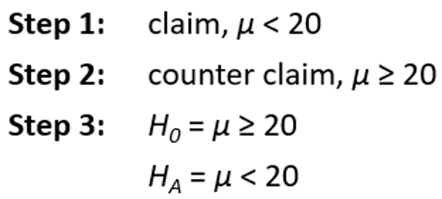 <p>Is the mean age of drinking in Ontario less than 20 years?</p><p>Let α = 0.05</p><p>**Equal = Always null hypotheses (greater than or equal to; less than or equal to)</p>