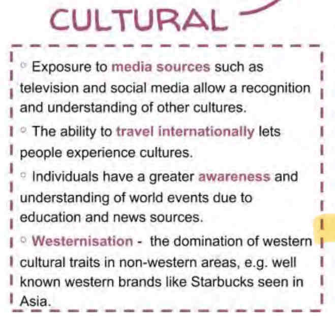 <p>Initially westernisation-American influence on other parts of the world. Now taking a multidirectional turn Bollywood over Hollywood.</p>