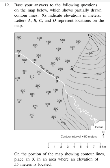 <p>On the portion of the map showing contour lines, place an X in an area where an elevation of 55 meters is located.</p>