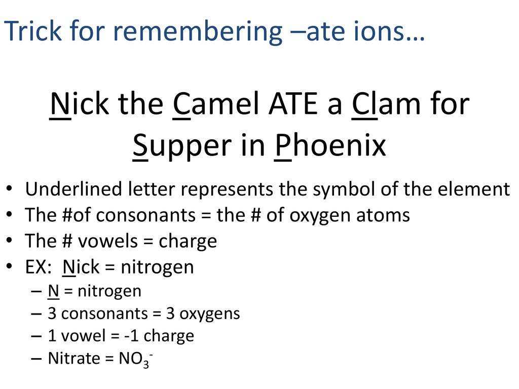 Nick: Nitrate, Camel: Carbonate, Clam: Chlorate, Supper: Sulfate, Phoenix: Phosphate