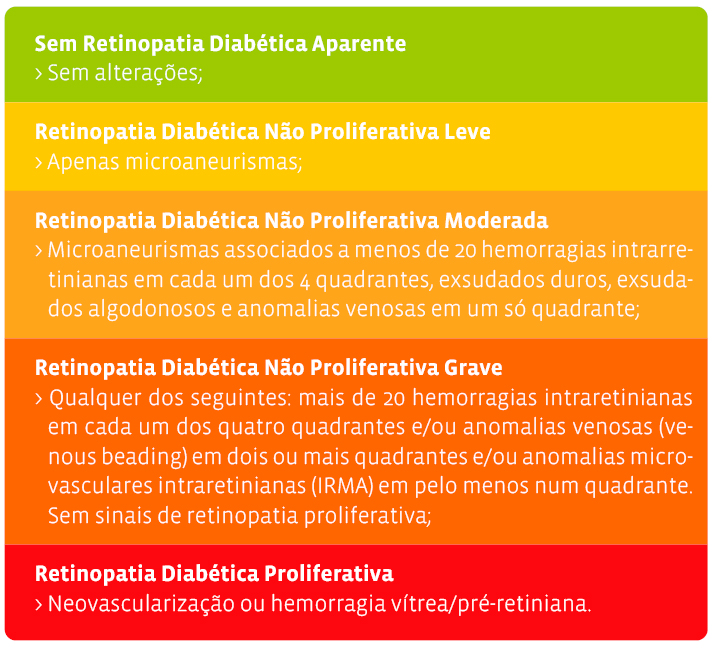 <p>1 - microaneurismas </p><p>2 - extravasamentos (exsudatos duros, hemorragias em chama de vela)</p><p>3 - veias em conta de rosário </p><p>4 - shunt av </p>