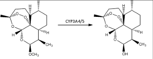 <ul><li><p>tx acute, uncomplicated malaria due to P. falciparum</p></li><li><p>prodrug [right is active metabolite]</p></li><li><p>both cmpd are blood schizonticides</p></li><li><p>effective against <strong>chloroquine-sensitive &amp; resistant</strong> P. falciparum</p></li></ul><p></p>