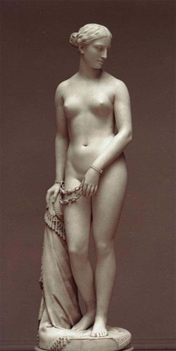 <p>A highly acclaimed neoclassical statue of a nude woman that became a symbol for abolitionists, though it portrayed slavery through a white, European lens.</p>