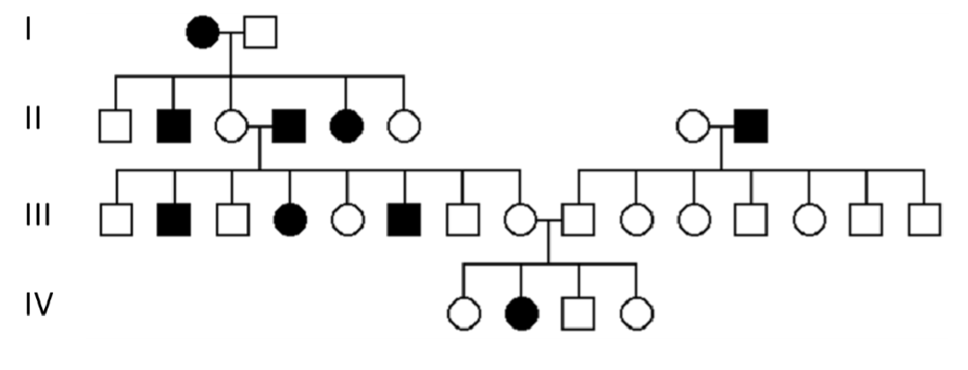 <p><span style="color: blue">The following is a pedigree for in which some members are</span><span style="color: blue"><br></span><span style="color: blue">“taste blind” (i.e., insensitive to bitterness or strong tastes).</span><span style="color: blue"><br></span><span style="color: blue">What is the most likely mode of inheritance of this trait?</span><span style="color: blue"><br></span><span style="color: blue">A. Definitely an autosomal dominant trait</span><span style="color: blue"><br></span><span style="color: blue">B. Definitely an autosomal recessive trait</span><span style="color: blue"><br></span><span style="color: blue">C. Definitely an X-linked dominant trait</span><span style="color: blue"><br></span><span style="color: blue">D. Definitely an X-linked recessive trait</span></p>