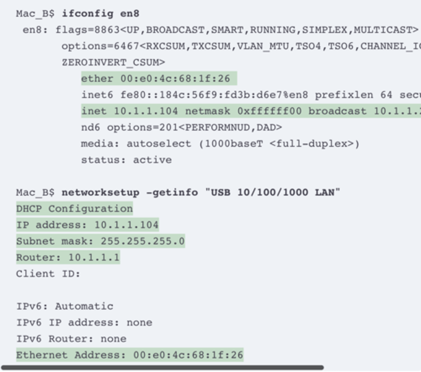 <p>Although the details vary as compared to Windows, macOS has a graphical interface to see network settings and a variety of network commands. This section shows examples of each, beginning with Figure 19-11. It shows the network settings in macOS for an Ethernet interface, with the address, mask, default router, and DNS server addresses. Also note the setting states that the interface is using DHCP.</p><p>Both macOS and Linux support the ifconfig command to list information similar to the Windows ipconfig /all command. However, the ifconfig command lacks an option like /all, listing no information about the default gateway or DNS servers. Example 19-9 gives an example of the ifconfig command from Mac Host B in Figure 19-11, along with another command that lists the default router.</p>