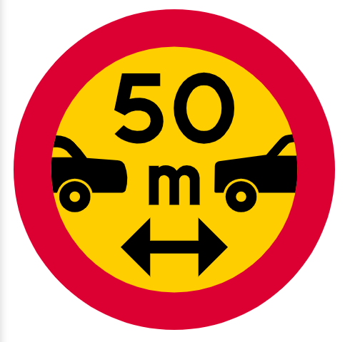 <p><span>Märket anger förbud mot att hålla kortare avstånd till framförvarande motordrivna fordon i samma färdriktning än som anges på märket. Minsta tillåtna avstånd anges på märket.</span></p>