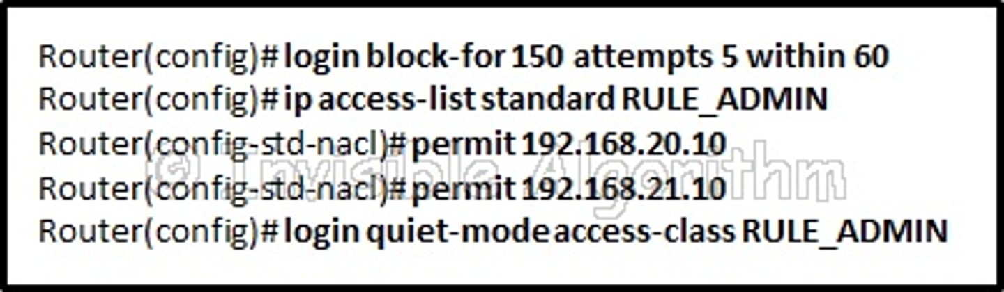 <p>Refer to the exhibit. An administrator issues these IOS login enhancement commands to increase the security for login connections. What can be concluded about them?</p><p>a) Because the login delay command was not used, a one-minute delay between login attempts is assumed.</p><p>b) The hosts that are identified in the ACL will have access to the device.</p><p>c) The login block-for command permits the attacker to try 150 attempts before being stopped to try again.</p><p>d) These enhancements apply to all types of login connections.</p>