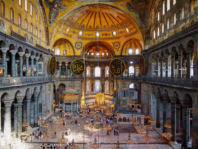 \-Hagia Sophia: “Holy Wisdom,” church dedicated to Christ as embodiment of divine wisdom.

\-most important building in most important city to him, built in five years; hired theoretical scientists to design something new, came up with domed complex and four towers were added later

\-rectangular basilica with floating dome, windows make look like floating on light, pillars hidden in walls to hold up

\-wants to show glory of Europe and Christian church, meant to confuse and excite the senses

\-decoration not original, marble and mosaics were original