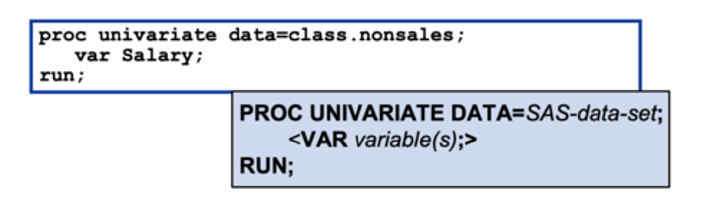 <p>displays extreme observations, missing values and other statistics for the variable(s) included in the var statement<br><br>If the VAR statement is omitted, PROC UNIVARIATE analyzes all numeric variables in the data set</p>