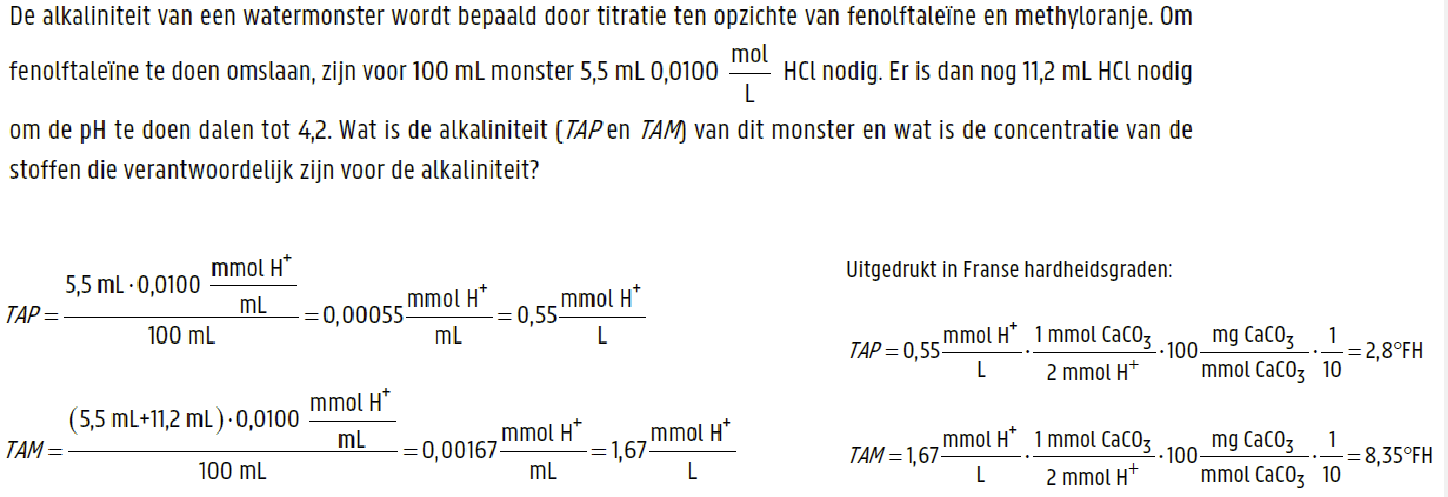 <p>TAP = aantal mol H+ nodig om phenoftaleine om te slaan gedeeld door het volume van het monster</p><p></p><p>TAM = aantal mol H+ nodig om methyloranje om te slaan gedeeld door het volume van het monster</p>