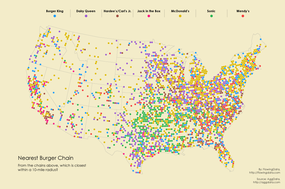 <p>uses dots to express the volume and density of a particular geographic feature</p>