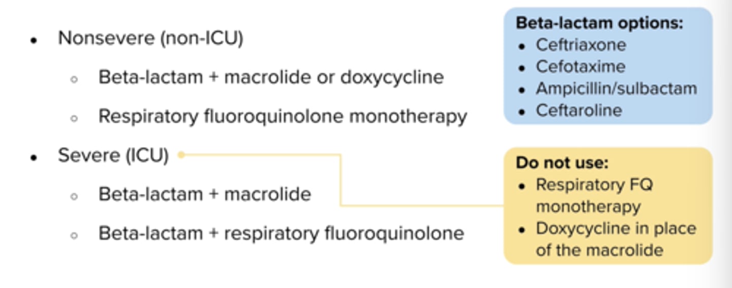 <p>Beta lactam + macrolide or</p><p>Beta lactam + respiratory quinolone</p><p>do not use quinolone monotherapy!!in</p>