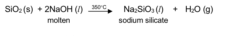 <ul><li><p><span>P_4O_{10} (s) + 12NaOH (aq) → 4Na_3PO_4 (aq) + 6H_2O (l)</span></p></li><li><p><span>P_4O_6 + 8NaOH → 4Na_2HPO_3 + 2H_2O</span></p></li><li><p><span>SO_2 (g) + 2NaOH (aq)→ Na_2SO_3 (aq) + H_2O (l)</span></p></li><li><p><span>SO_3 (g) + 2NaOH (aq) → Na_2SO_4 (aq) + H_2O (l)</span></p></li><li><p><span>SiO_2 (s) + 2NaOH (l) - 350°C → Na_2SiO_3 (l) + H_2O (g)</span></p></li></ul>