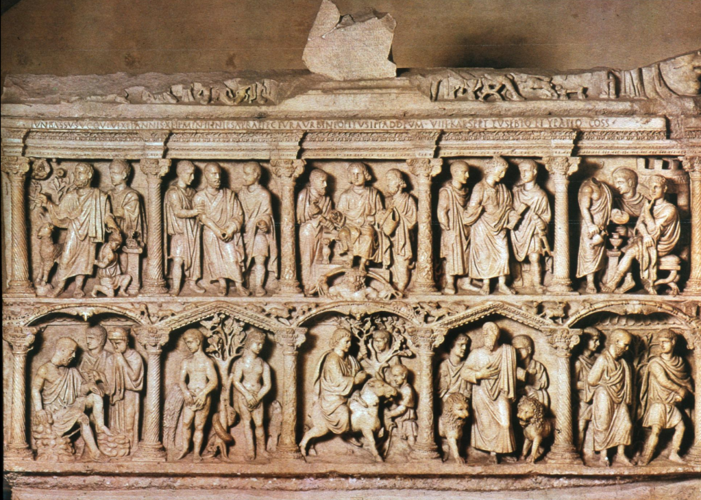 <p>what does the Sarcophagus of Lucuis Junius Bassus represent?</p>