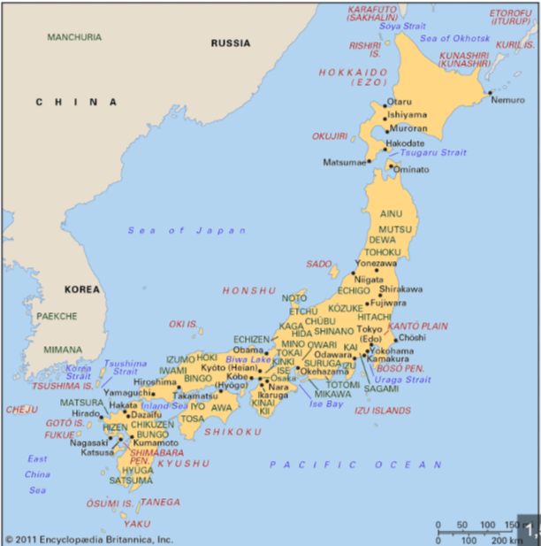 <p>Four Main Islands of Japan: Honshū (lit., “main land”), Kyūshū, Shikoku, Hokkaidō Bodies of Water: Tsushima Strait, Inland Sea, Sea of Japan (N.B., controversial name) Regions: Kantō, Kansai, Yamato Plain</p>