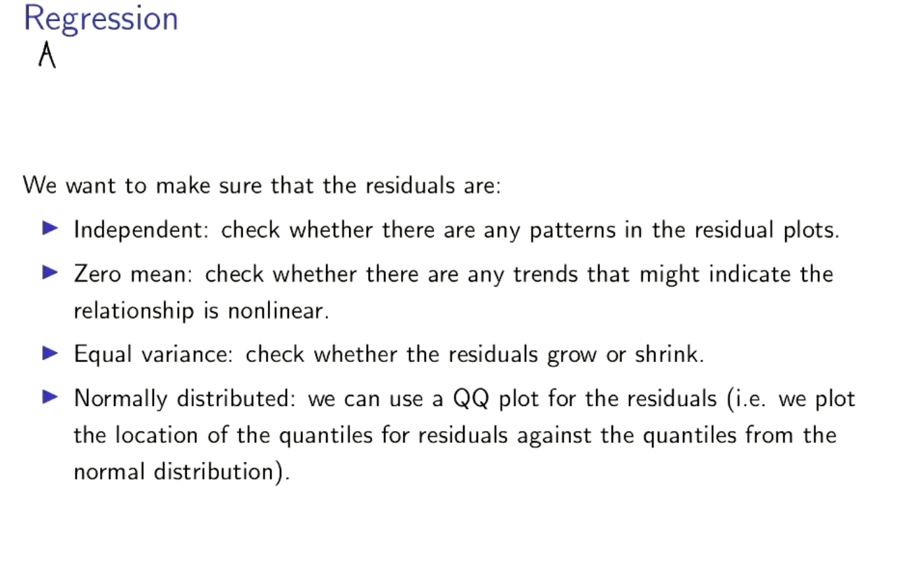<p>No patterns should arise from the residual plot.</p>