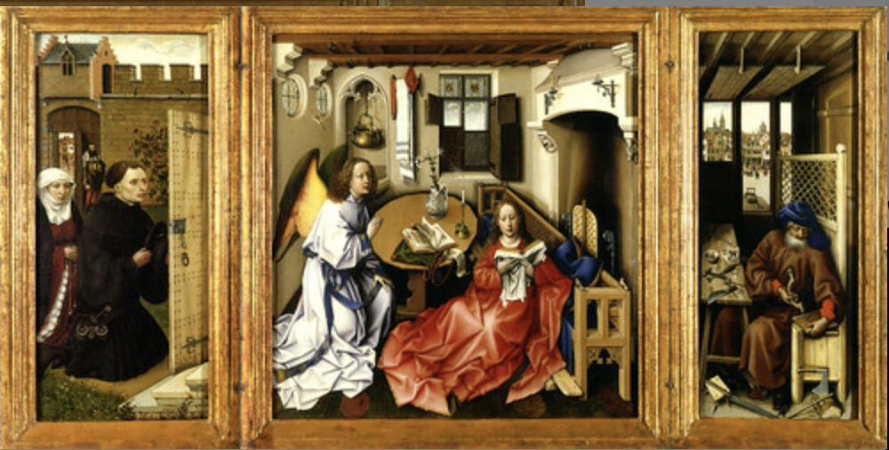 * Early oil painting, shows texture and detail of clothing/hair much more clearly, gives them almost a glowing look
* Seems to be more visually convincing/moving towards linear perspective but is still skewed (people in the spaces they make up look ginormous, the space itself seems strangely long, but there’s an effort to make it more naturalistic)
* Donors are depicted on far left hinge
* Many more seemingly unnecessary details in Northern European paintings compared to Southern European paintings, makes it more relatable and believable
