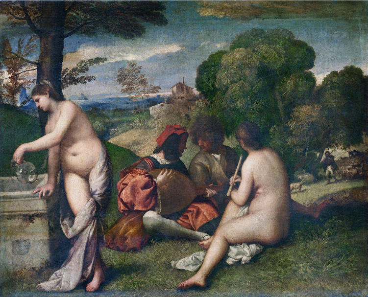 <p>Titian (Tiziano Vedellio, 1488/90 – 1576) <em>Pastoral Concert (Fête champêtre)</em>, 1508-09, Oil/canvas</p><p>Titan, considered the most important Venetian artist of the 16th century, is believed to have been an assistant to both Bellini and Giorgione. It is also likely that, as a young ar4st, he studied the work of Michelangelo and Raphael through engravings.</p><p>Like Giorgione’s The Tempest, the painting poses questions as to its meaning, it, too, best interpreted within the context of pastoral poetry. A common subject of pastoral poetry concerned musical contests between shepherds in which contestants called upon the Muses for inspiration for their songs’ verses. The female figures, then, may represent muses, as such, not physically present, which would explain why the male figures do not notice them. The men, distinguished by their attire, may, in turn, represent a well-dressed, learned poet seeking inspiration from the songs of a rural shepherd.</p><p><br></p>