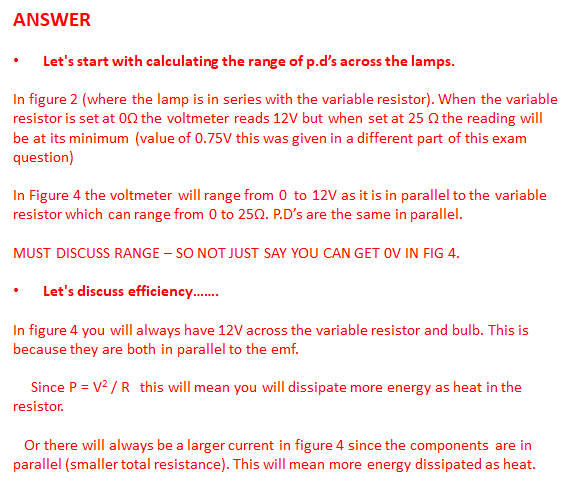 <p><strong><span>EXAMINAR REPORT</span></strong></p><p><span>Very few students showed any understanding of the difference between the two circuits and how this affected the voltage range and the efficiency. Just over 2% of students scored 2 or more marks</span></p>