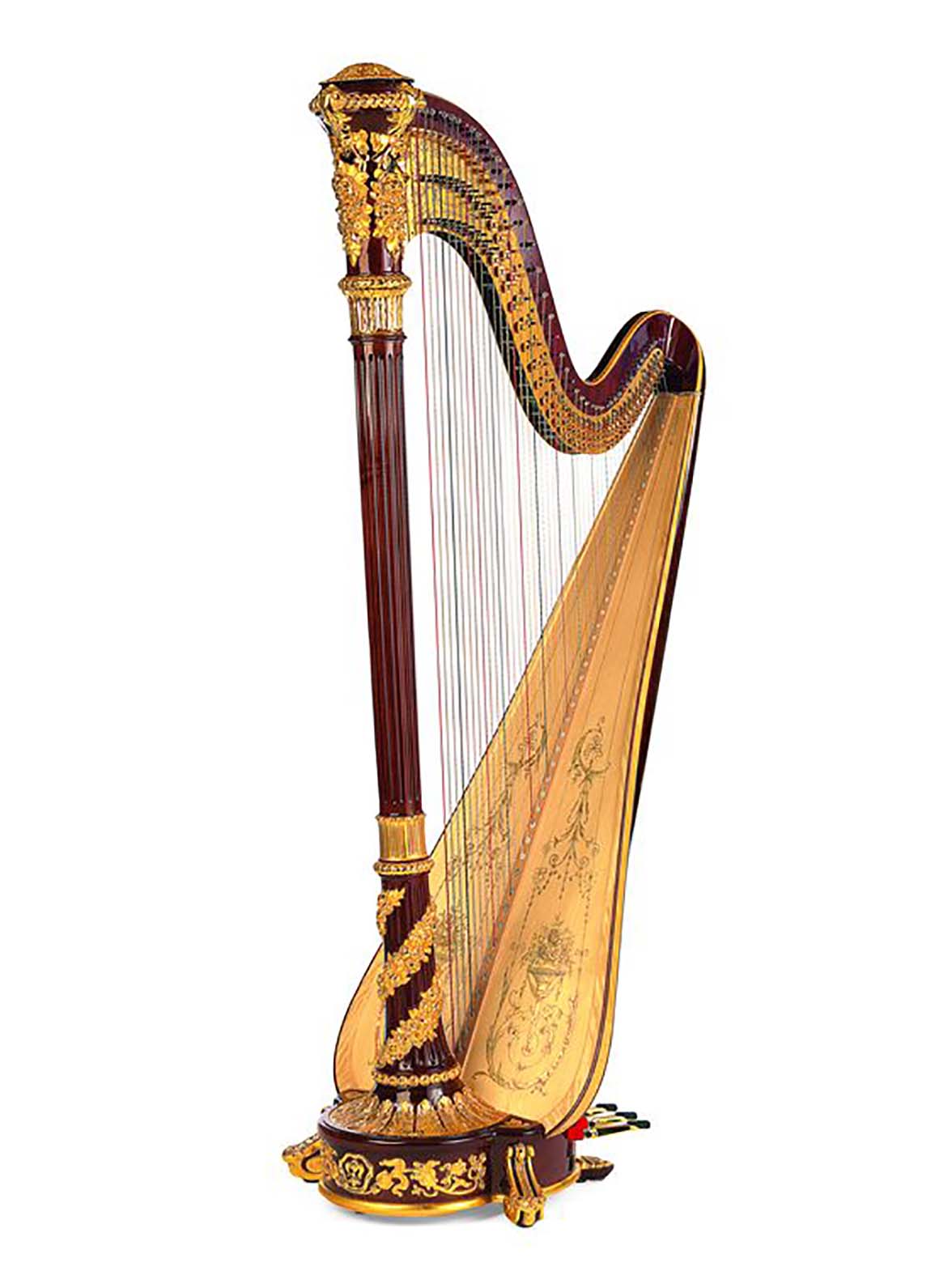 <p>A large stringed instrument with strings stretched within a usually triangular frame, played by plucking with the fingers.</p>