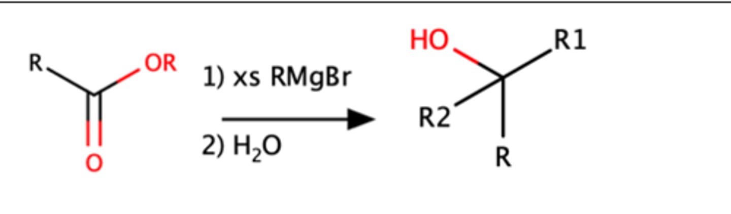 <p>Alcohol with R groups attached.</p><p>Same mechanism as Acid Chloride with Grignard reagent</p><p>Mechanism pg: 931</p>