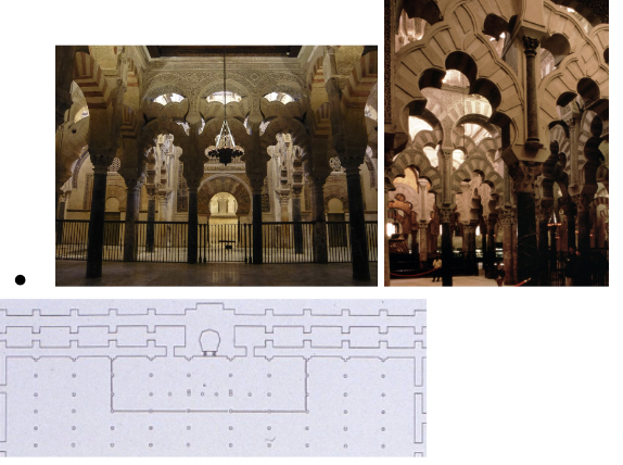 <p><strong>hypostyle prayer hall: </strong>large, columned space for worship, most famously seen in early Islamic mosques and ancient Egyptian temples, where rows of columns support a ceiling or roof. <u>This architectural style, meaning "under pillars," creates vast interiors for prayer and gathering by using multiple vertical supports</u></p><p><strong>maqsura: </strong>compartment in front of the mihrab —> guides your vision to the direction of Mecca</p><p><strong>mihrab: </strong>the part of the mosque that faces Mecca (the cavity)</p><ul><li><p><span style="background-color: transparent;"><span>Built from ancient roman recycled columns, made out of stone and red brick that create this rich sense of movement and colliding column → featured the same style columns we saw under constantine</span></span></p></li><li><p><span style="background-color: transparent;"><span>Gives a kinesthetic effect when you are walking through the hypostyle: culminates when you get towards the mihrab and maqsura</span></span></p></li></ul><p>Maqsura/Mihrab</p><ul><li><p><span style="background-color: transparent;"><span>Alternating colors around the arch, as well as alternating media (such as colored glass, and extremely intricate stucco, carved marble in the top 2 intesserated inscriptions)</span></span></p></li><li><p><span style="background-color: transparent;"><span>Black and Gold tesserae, with more inscriptions on top of them</span></span></p></li><li><p><span style="background-color: transparent;"><span>Inlaid gold spirals in the corners of the marble → declares thanks to God and the patron of the mosque</span></span></p></li><li><p><span style="background-color: transparent;"><span>Sumptuously decorated cupula</span></span></p></li></ul><ul><li><p><span style="background-color: transparent;"><span>Non-figural geometric art: How does this convey spiritual truths?</span></span></p><ul><li><p><span style="background-color: transparent;"><span>Conveys order to the world Allah created, as well as the cosmos</span></span></p></li><li><p><span style="background-color: transparent;"><span>What can we abstract away from geometry: geometry and symmetry induce surrealism and hypnotic effect (harmony, balance, order)</span></span></p></li></ul></li><li><p><span style="background-color: transparent;"><span>Beauty that has the ability to approximate God's essence (signs to his being, rather than direct - oblique depictions rather than direct depictions)</span></span></p><ul><li><p><span style="background-color: transparent;"><span>Approximating him through abstract language</span></span></p></li></ul></li></ul><p><span style="background-color: transparent;"><span>THEME OF LIGHT - IMMATERIAL INSTANTIATION OF GOD - closest immaterial we have to divinity</span></span></p><p>Seashell Vault over Mihrab</p><ul><li><p><span style="background-color: transparent;"><span>IN THE MIHRAB: polylobes come down to earth and take the form of a shell (animal form/motif) compares one's devotion to the formation of a pearl in the shell, iridescence of pearls is compared to the light of God</span></span></p><ul><li><p><span style="background-color: transparent;"><span>The pearl itself is only obliquely referenced, framed in a space that is framing and facing Mecca - the origin of sacred space for all of Islam</span></span></p></li></ul></li></ul><p></p>