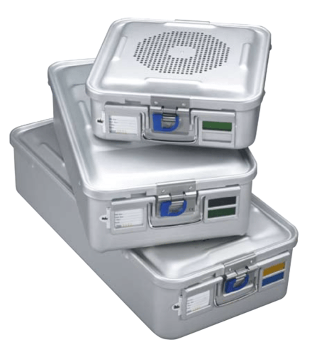 <p>instrument containers that hold medical devices during sterilization & also protect devices from contamination during storage & transport (reusable packaging materials)</p>