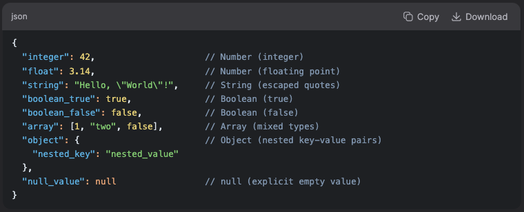 <p>Number (integer, real, or floating point)</p><p>String (double-quoted Unicode with backslash escaping)</p><p>Boolean (true and false)</p><p>Array (an ordered sequence of values, comma-separated and enclosed in square brackets)</p><p>Object (collection of key:value pairs, comma-separated and enclosed in curly braces)</p><p> null</p>