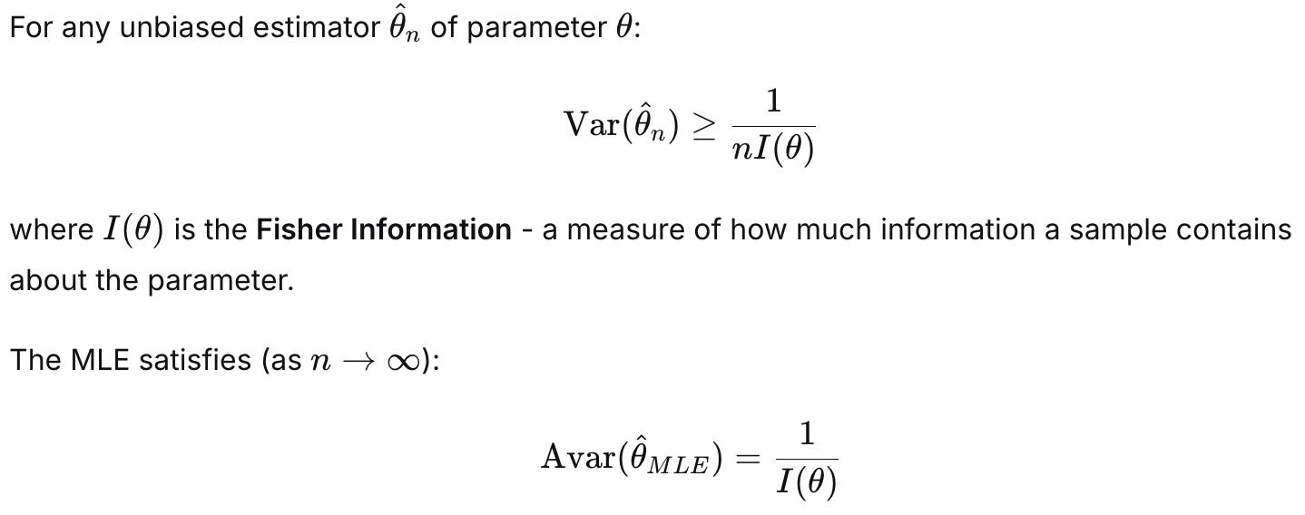 <p><strong><span>Optimal efficiency</span></strong><span><span> means that among all "well-behaved" estimators, the MLE has the </span></span><strong><span>smallest possible asymptotic variance</span></strong><span><span>.</span></span></p>