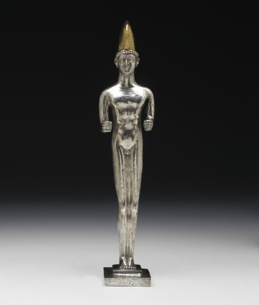 <p>The nudity, facial features, and pose of the small, silver statuette of a youth from the Oxus Treasure suggests the influence of Greek sculpture, yet he is wearing a Persian headdress.</p><p>When we compare the statuette to a Greek bronze statue of Apollo, although the scale is very different (the Greek statue is life size), the similarities between the two poses are clear - such as the postures.</p>