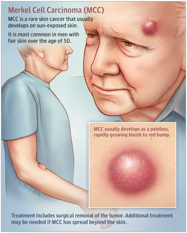 <p>PP: pink nodule<br>solitary<br>rapidly growing</p><p>E: extensive actinic damage<br>older<br>head<br>neck</p><p>DX: sentinel lymph node biopsy (SLNB)</p><p>TX: wide excision<br>radiation</p><p>P:<br>40%→distant metastases→18% survival<br>under 2 cm+no metastases→70% 5+ years survival</p>
