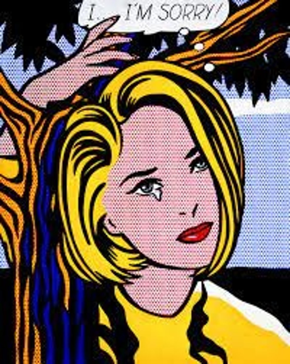 <p>roy lichtenstein, unclear apology, blurred lines between painting and printing</p>