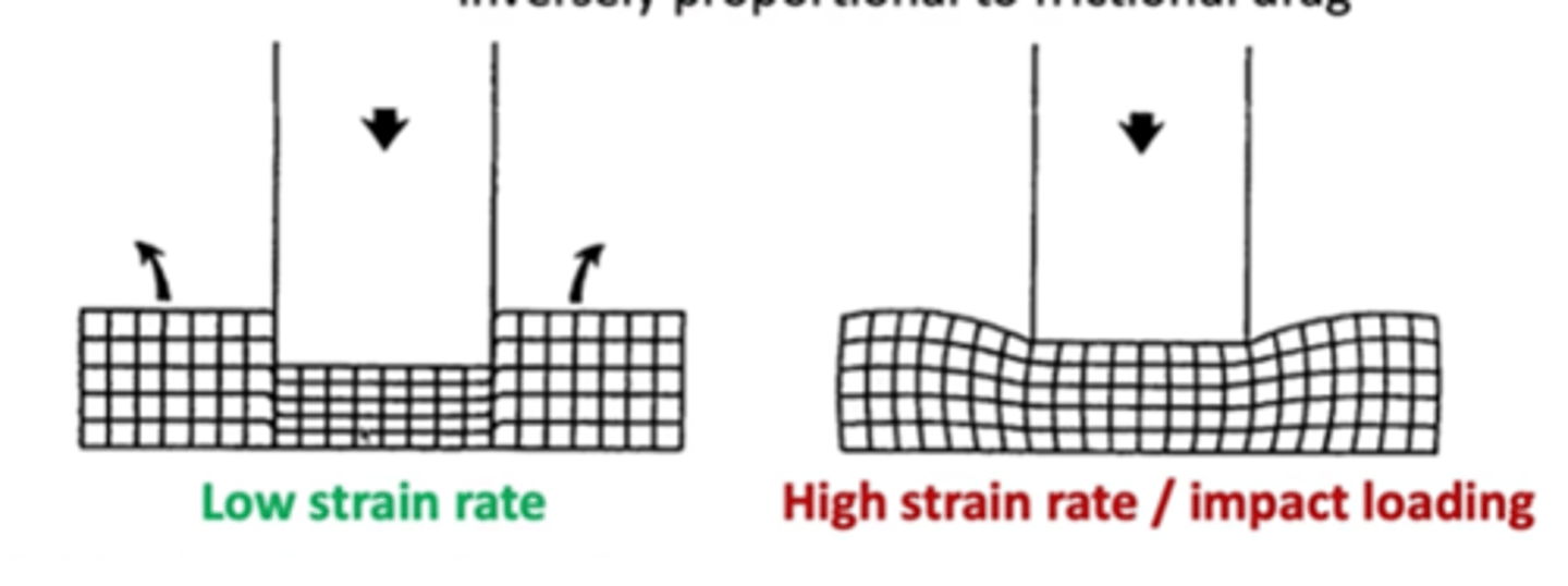 <p>- Gives the fluid time to move at a low rate of strain</p><p>- Results in low frictional drag</p><p>- The fluids redistributes and there's a local indentation</p>